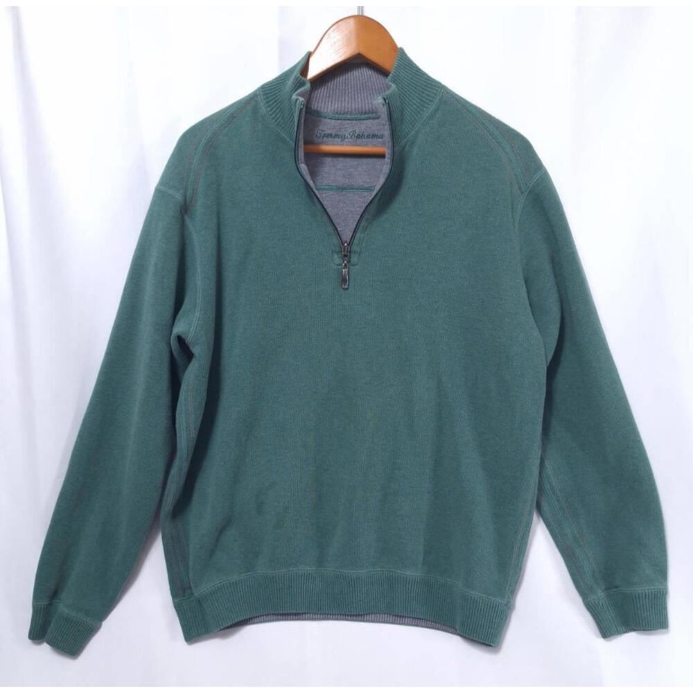 Tommy Bahama Reversible Pullover Sweater Mens‎ M  1/4 Zip Green Gray Mock Neck